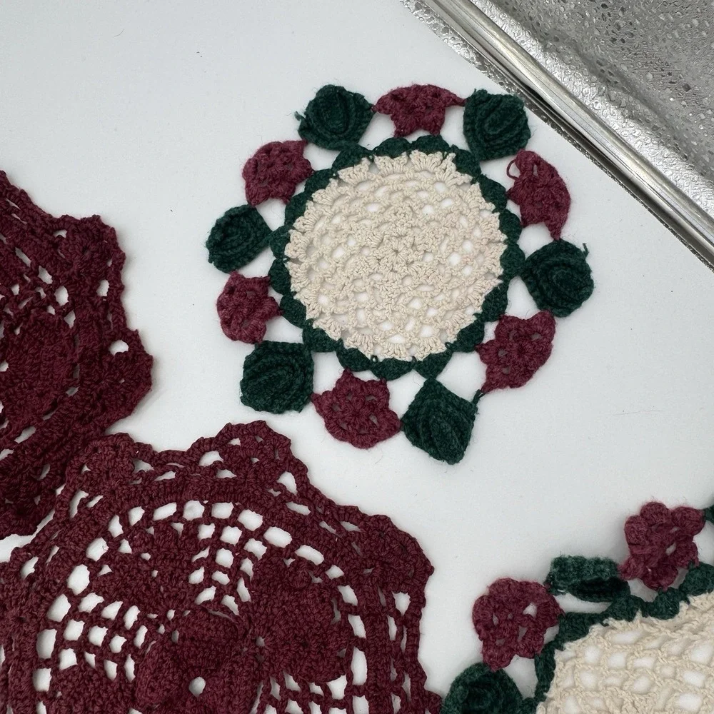 Vintage Crochet Doilies Lot 13 Green Burgundy‎ Cotton Holiday Cottagecore